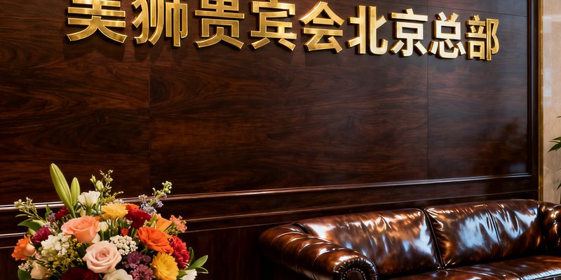 美狮贵宾会北京总部办公室入口处的品牌形象墙，深色木质背景上镶嵌着金色公司全称，前台摆放着当季鲜花，右侧休息区有皮质沙发和最新一期的企业画册，整体氛围沉稳大气。